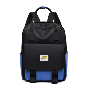 Classic blue and black contrast backpack with buckle flip pocket and dual top handles