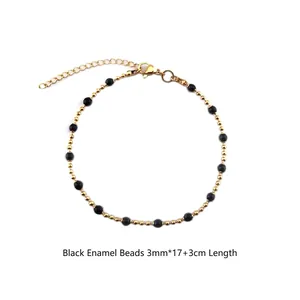 18K gold plated stainless steel bead bracelet with 3mm black enamel drops, 17+3cm length