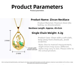 Dimensions du collier pendentif goutte d'eau avec zircon vert et motif ajouré
