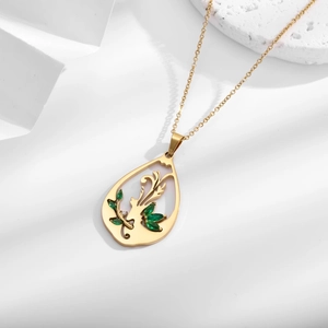 Collier Pendentif Évidé Fleur Goutte D'eau Acier Inoxydable Zircon Marquise Vert Incrusté Chaîne Clavicule Pour Femmes