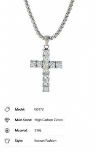 Macro shot of 316L stainless steel cross necklace featuring square cut cubic zirconia