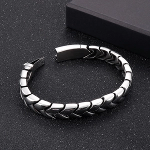 Polished silver stainless steel wheat chain bracelet for men with jewelry gift box