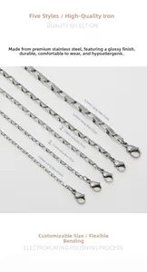 Comparison of five stainless steel long box chain widths from 1.5mm to 4.0mm with lobster clasps