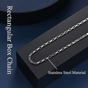 Industrial minimalist silver stainless steel box chain necklace on black stand