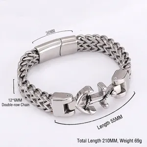 Polished stainless steel double row Cuban bracelet for men featuring a large anchor pendant