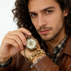 Vintage gold anchor bracelet and flip pocket watch styled on a man in a brown leather jacket