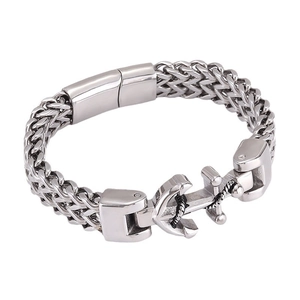 Polished stainless steel double wheat chain bracelet with a classic nautical anchor charm