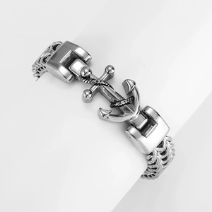 Detailed close-up of a stainless steel anchor bracelet with double-row scale chain