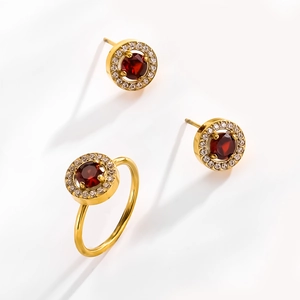 Parure de bijoux en acier titane avec pendentif zircon rouge et boucles d'oreilles