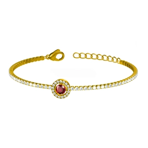 Bracelet doré avec pendentif rond en pierre rouge et chaîne à maillons carrés