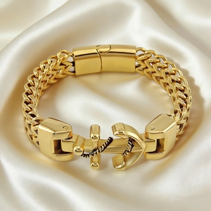 Men Stainless Steel Anchor Bracelet Vintage Double Row Wheat Chain Nautical Jewelry Magnetic Buckle Retro Punk Style