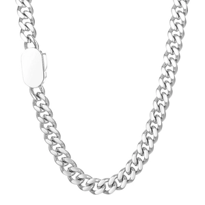 Polished silver stainless steel Cuban link necklace with oval metal plate charm