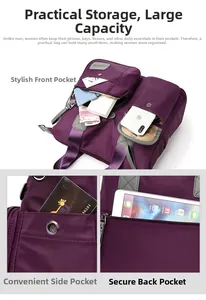 Detail view of purple nylon handbag showing multiple pockets and spacious interior