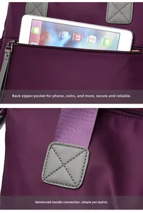 Detail of purple nylon bag featuring rear anti-theft zipper pocket for tablet storage