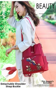 Detail of the detachable shoulder strap with metal hook on embroidery Oxford backpack