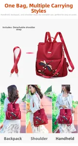 Detail of red embroidered backpack with detachable strap showing multiple carrying styles