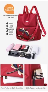 Detail of red waterproof nylon backpack with dragonfly embroidery and multi-pocket storage