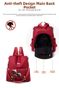 Detail view of red Oxford fabric backpack showing dragonfly embroidery and anti-theft back opening