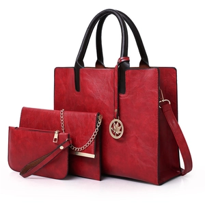 Ensemble de Sacs pour Femmes en Cuir PU Vintage Comprenant un Sac Fourre-tout une Bandoulière et un Portefeuille avec Pendentif