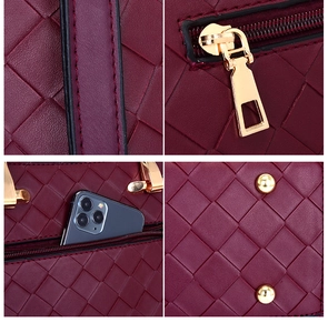 Dettagli della borsa in pelle intrecciata con zip dorata, rivetti e tasca per cellulare