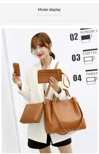 Brown leather four-piece bag set including large tote and crossbody shown by model