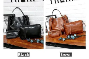 Detalle de un juego de 3 bolsos de cuero sintético negro y marrón con bolso shopper y cartera