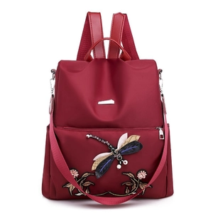 Women Fashion Backpack Oxford Cloth Waterproof Anti Theft Embroidered Dragonfly Floral Ethnic Travel Shoulder Bag
