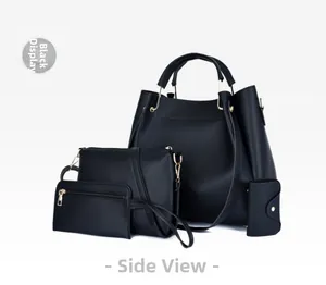 Detail of 4-piece black tote bag set featuring lychee pattern faux leather and gold hardware