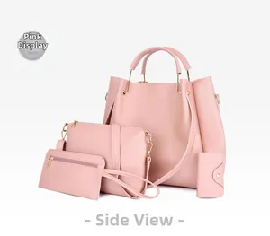 Ensemble 4 pièces rose comprenant un sac cabas, une bandoulière et un portefeuille