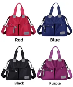 Showcasing four colors of large nylon handbags with multi-pockets and detachable straps