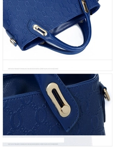 Details der blauen PU-Handtasche mit eleganter Prägung und glänzenden goldenen Metallelementen