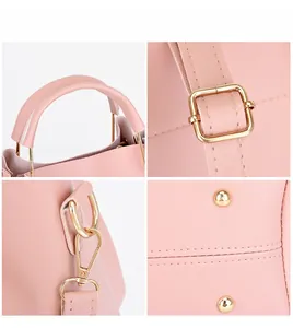 Detailed views of pink handbag featuring light gold hardware, stitching and metal studs