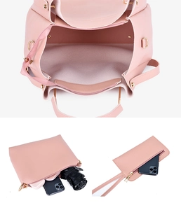 Interior detail of pink leather tote bag showing large capacity and soft suede lining