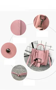 Detailansicht der rosa Beuteltasche mit Quaste, Metallbeschlägen und Trageriemen