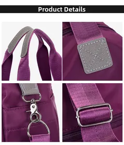 Detailed views of purple nylon handbag with reinforced stitching and silver hardware