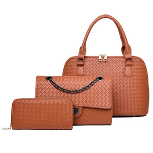 Brown woven three-piece handbag set including satchel, shoulder bag and long wallet