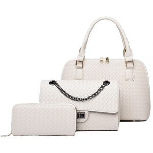 Three-piece woven handbag set in cream white including tote, crossbody bag and wallet
