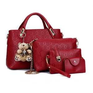 Modisches rotes 4-teiliges Handtaschenset für Damen mit geprägtem Kunstleder und Teddybär-Anhänger