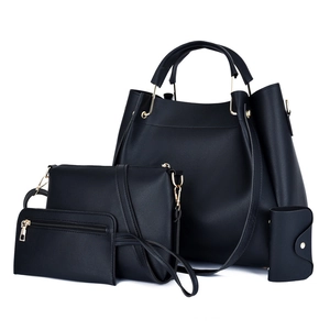 4-piece black PU leather handbag set with tote bag, shoulder bag, wallet and card holder