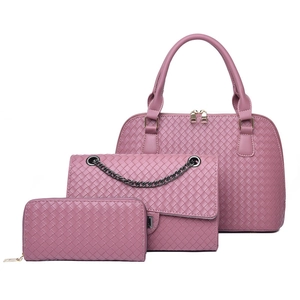 Chic mauve pink woven three-piece handbag set including tote shoulder bag and wallet
