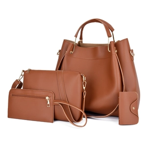 4-Piece brown PU leather handbag set including tote bag, crossbody bag, wallet and card holder