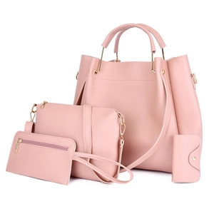 Pink faux leather 4-piece handbag set featuring tote with unique metal ring handles