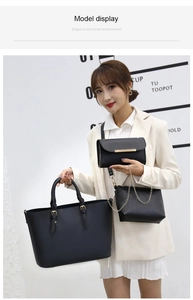 Detailed view of 3-piece set featuring black tote bag with gold chain strap detail