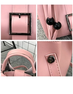 Detailaufnahme der rosa Beuteltasche mit Metallschnalle, Quastenanhänger und Ledertextur