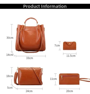 Brown crocodile pattern 4-piece bag set including tote and crossbody bag dimensions