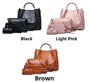 Three color sets of crocodile pattern tote bags with crossbody and clutch in a macro view