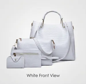 White 4-piece handbag set featuring crocodile pattern embossing and gold hardware detail