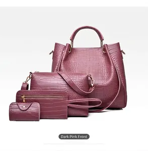 Detailed four-piece women handbag set featuring dark pink crocodile embossed texture