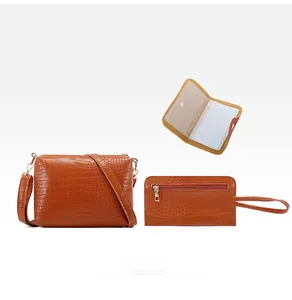 Three-piece brown crocodile pattern bag set including crossbody bag, wallet and card holder