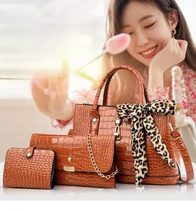 Brown crocodile pattern 3-piece handbag set with tote, chain bag and wallet